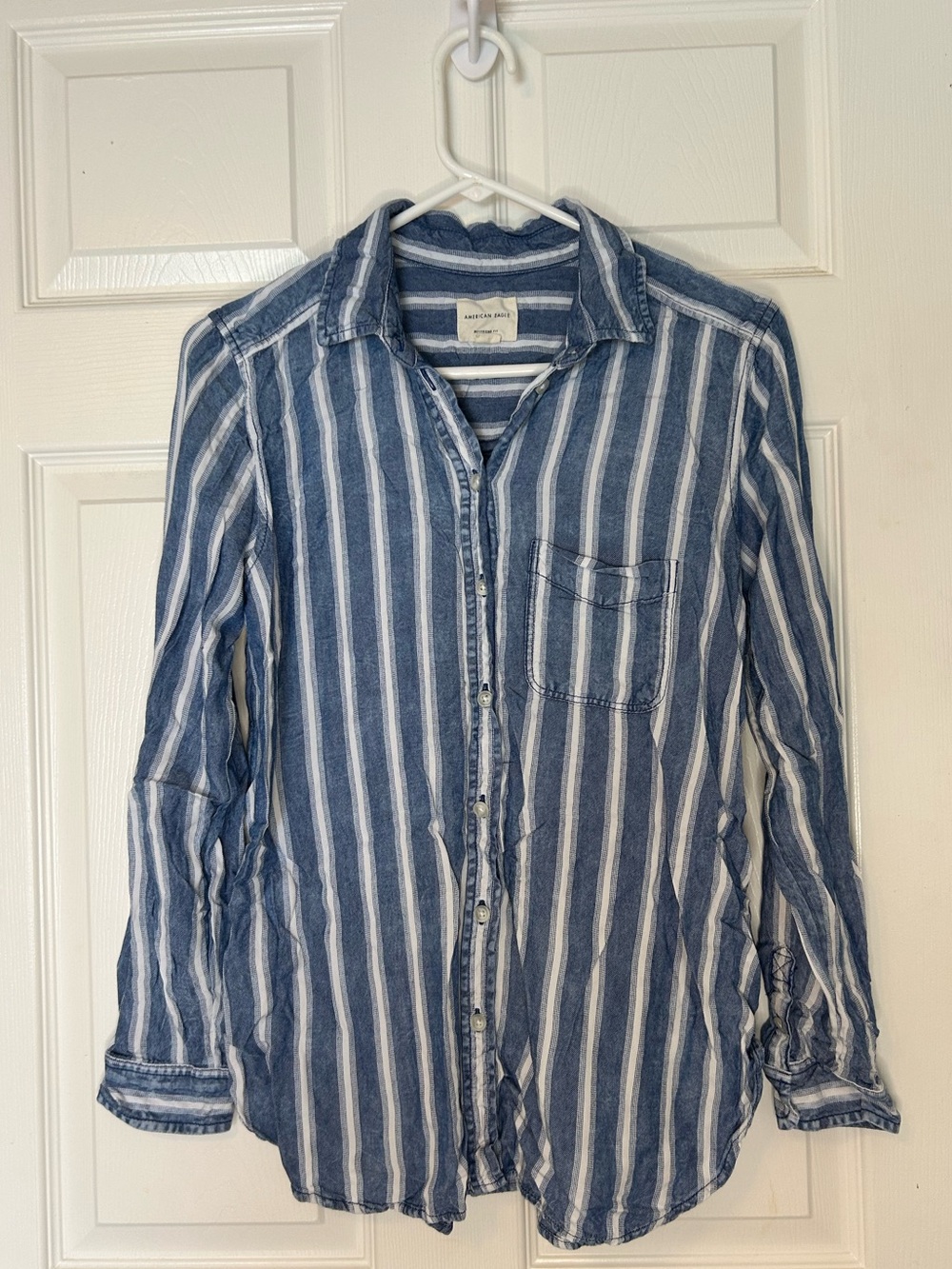 American Eagle Outfitters Blue and White Striped Boyfriend Fit Shirt